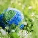 TIerra. Foto World Earth Day Concept. Green Energy, ESG, Renewable and Sustainable Resources. Environmental Care. Globe Lay on Green Grass