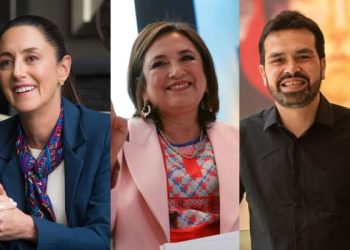 La candidata presidencial de izquierda mexicana Claudia Sheinbaum ©, la candidata presidencial de México por el partido de coalición Fuerza y ​​Corazón por México, Xochitl Gálvez y el candidato por el partido Movimiento Ciudadano, Jorge Álvarez Maynez (izq.)