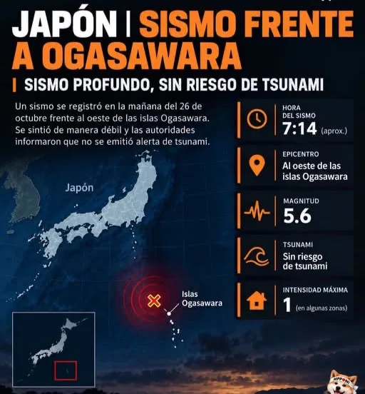 El domingo 25 de octubre, también se produjo un fuerte temblor en el Océano Pacífico, a unos 1,000 kilómetros al sur de Tokio.